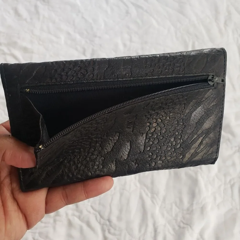 Black Vintage Wilsons Leather Checkbook Clutch Wallet Croc/Gator Embossed 1980s